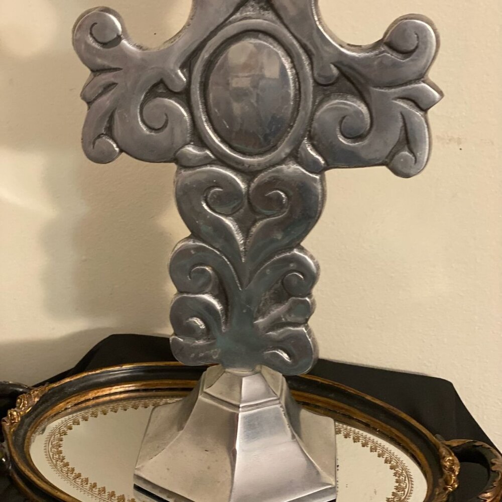 Vintage Cast Aluminum Standing Cross 14.5" Silver Scroll Christmas Altar Decor